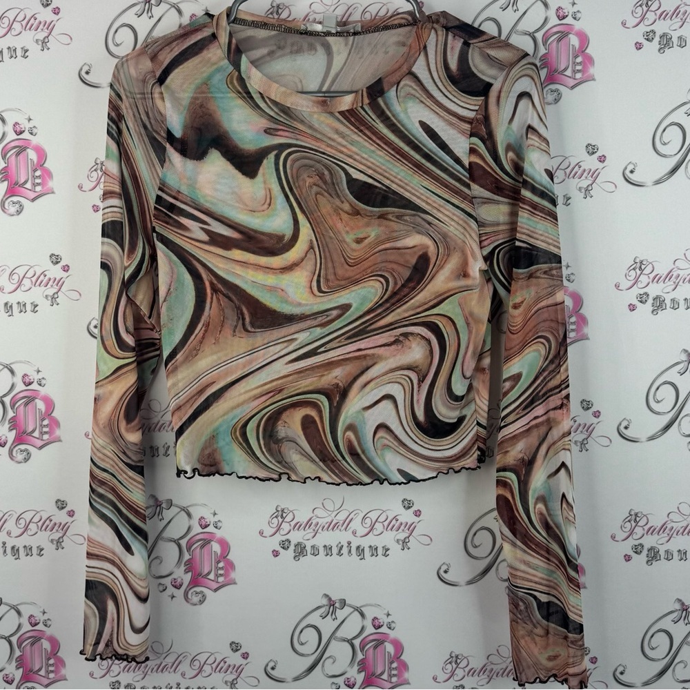 Gaze long sleeve mesh swirls marble Multicolor Swirl Long Sleeve Top